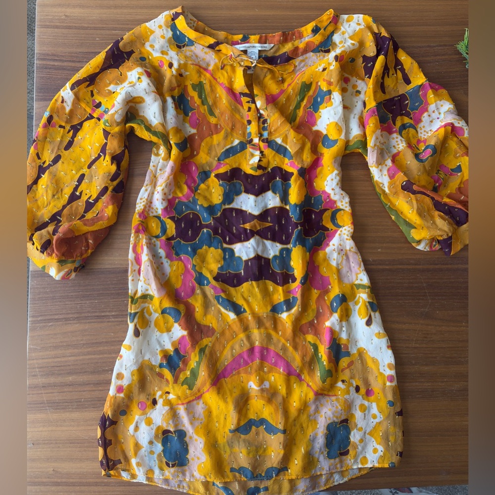 Diane von Furstenberg Gold Printed Silk & Lurex Tunic Mini Dress Cover Up Sheer